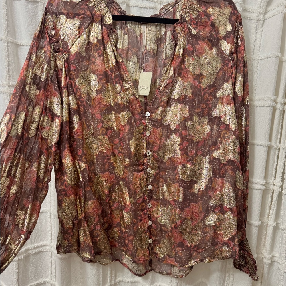 Free People Multicolor sheer shimmer Floral Blouse